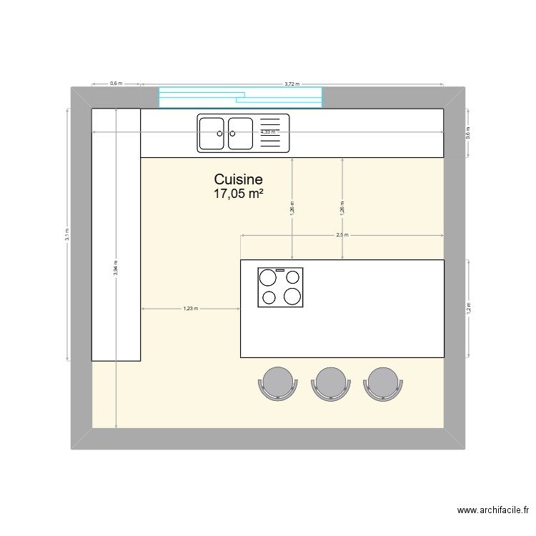 cuisine. Plan de 1 pièce et 17 m2