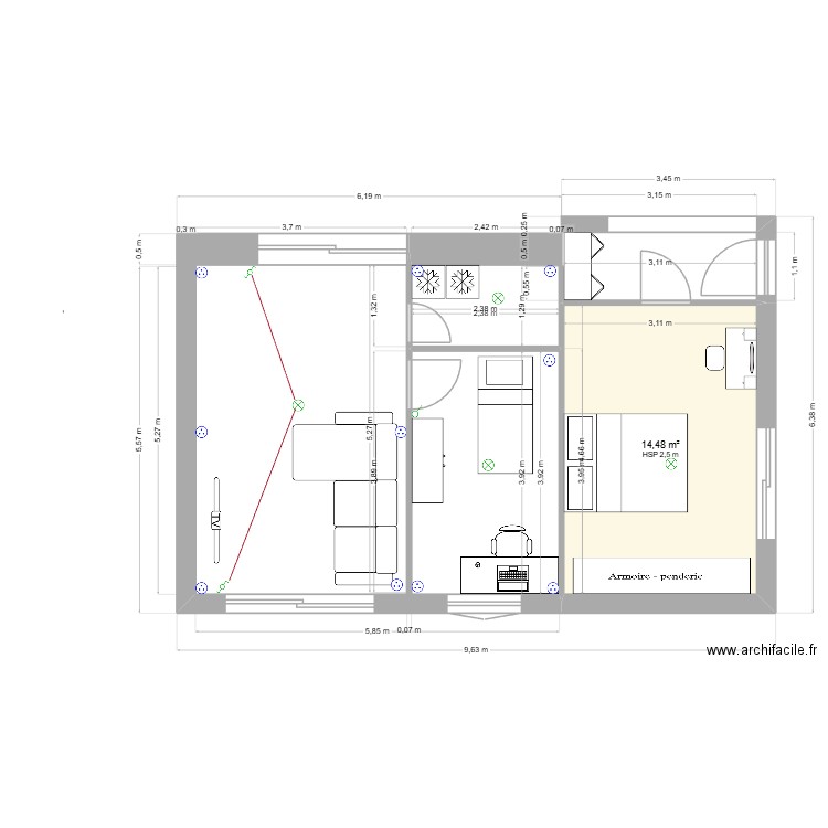 extension. Plan de 1 pièce et 14 m2