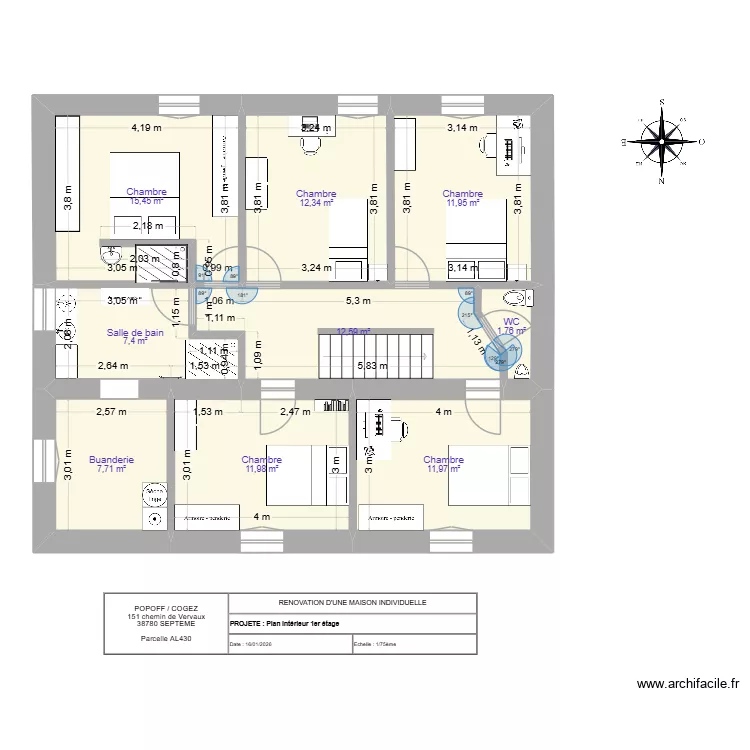 SEPTEME 1ER ETAGE. Plan de 9 pièces et 93 m²
