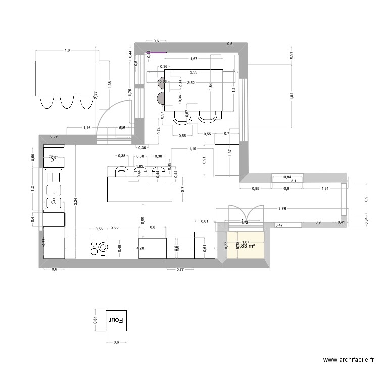 Cuisine Drolet mesure OK vv. Plan de 1 pièce et 1 m2
