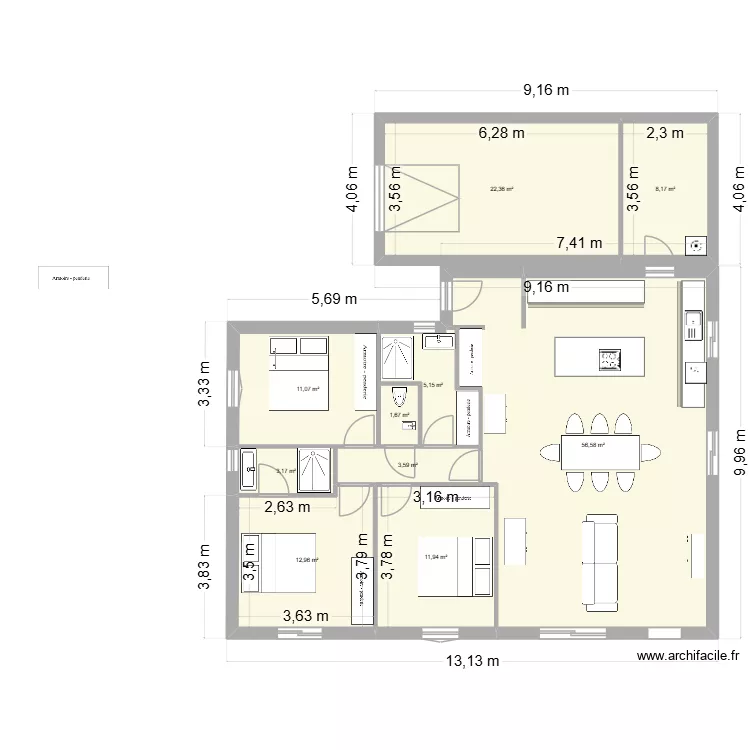 plan 1T. Plan de 10 pièces et 137 m²