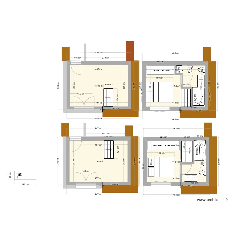 BSC atelier projet sdb haut esc145. Plan de 4 pièces et 48 m2