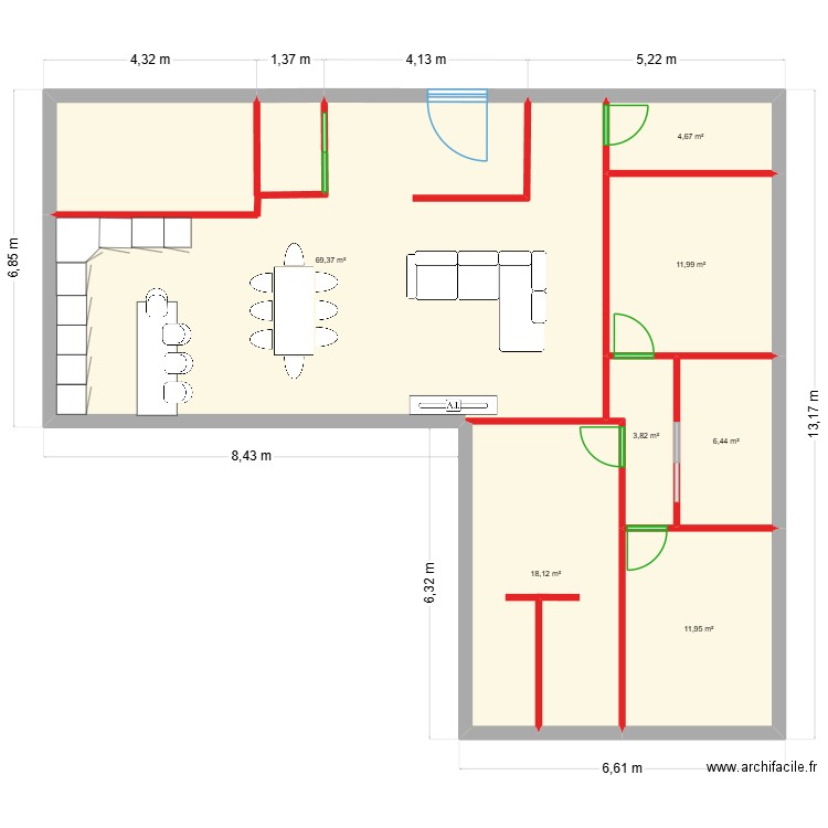 Projet1. Plan de 7 pièces et 126 m2