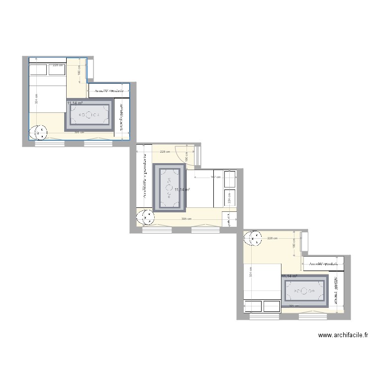Agencement Chambre. Plan de 3 pièces et 33 m2