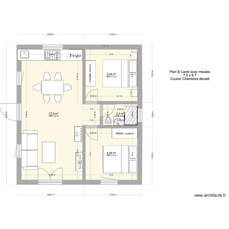 Plan B Carr&eacute; avec meuble. Plan de 4 pièces et 48 m²