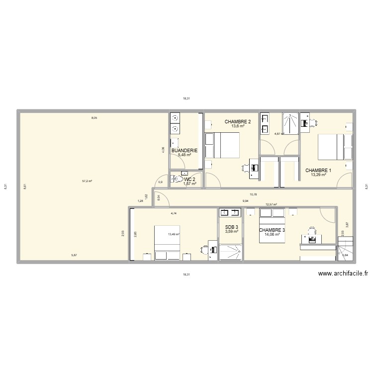 Le bourg bas. Plan de 10 pièces et 140 m2