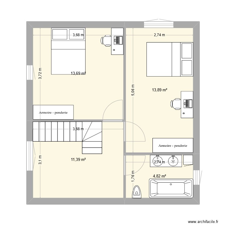 plan étage. Plan de 4 pièces et 44 m2