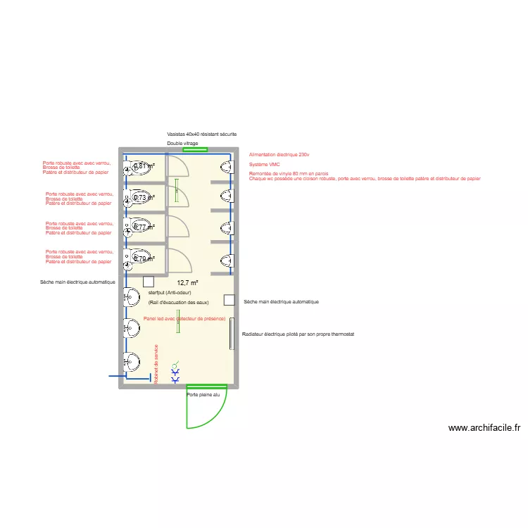 Sanitaire Bloc A  Letec. Plan de 5  et 16 m²