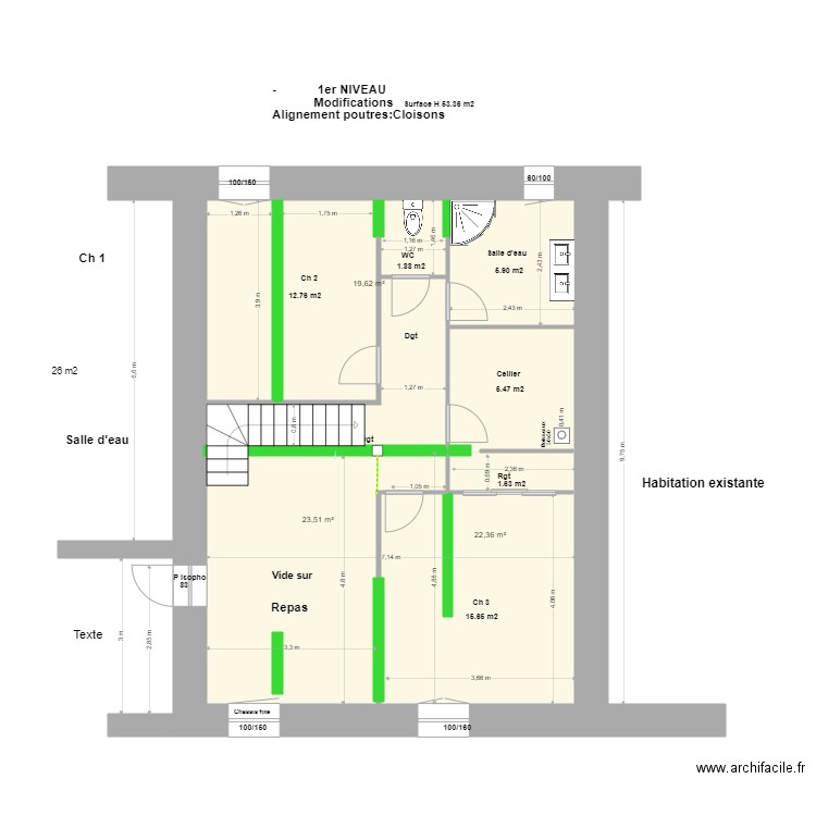 Escalier. Poutres:Cloisons. Plan de 3 pièces et 65 m2