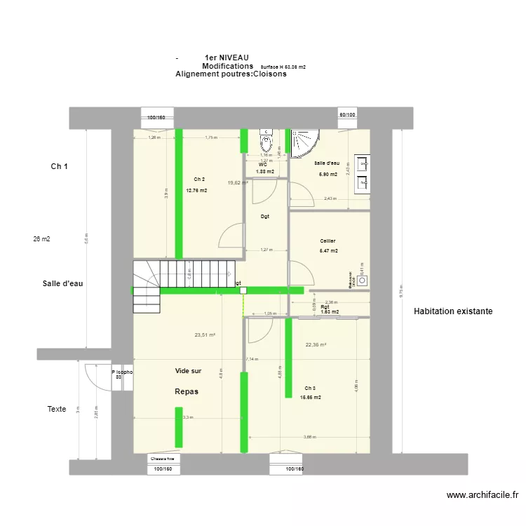 Escalier. Poutres:Cloisons. Plan de 