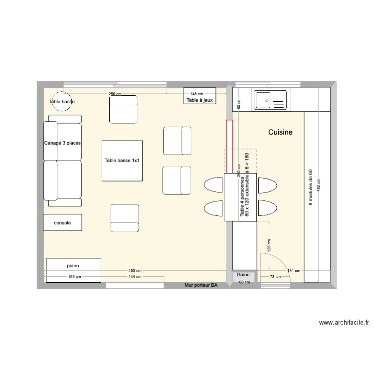 Cuisine en L. Plan de 3 pièces et 33 m2