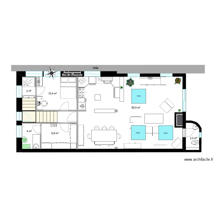 Plan RDC aménagé. Plan de 1 pièce et 1 m2