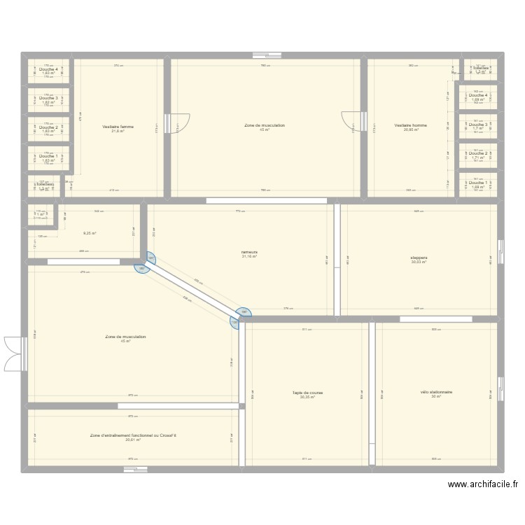 Salle de sport. Plan de 21 pièces et 302 m2