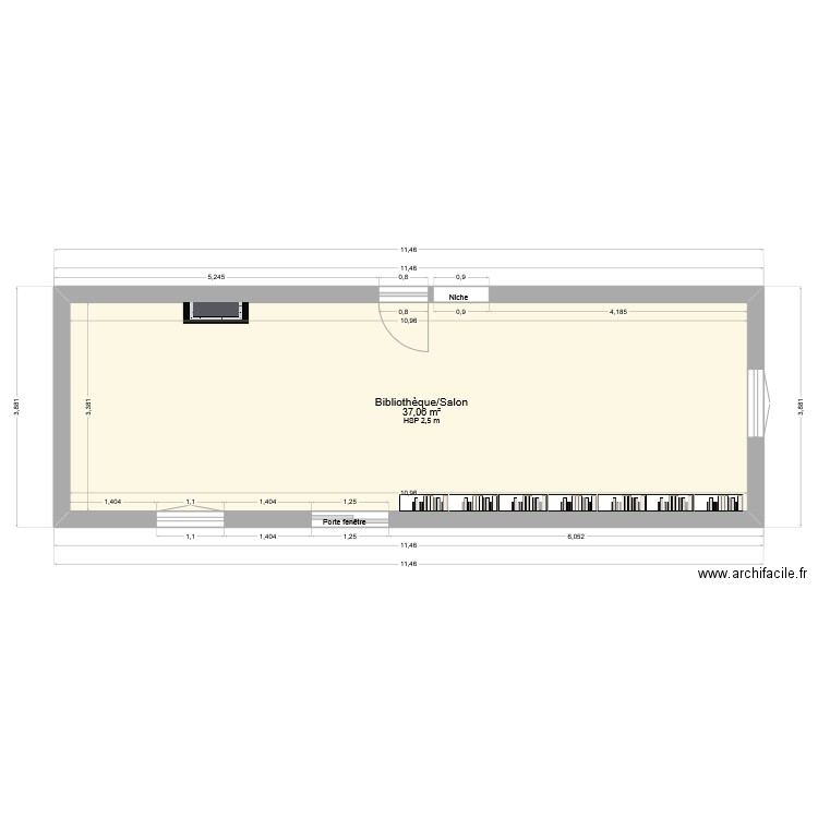 Bibliothèque. Plan de 1 pièce et 37 m2