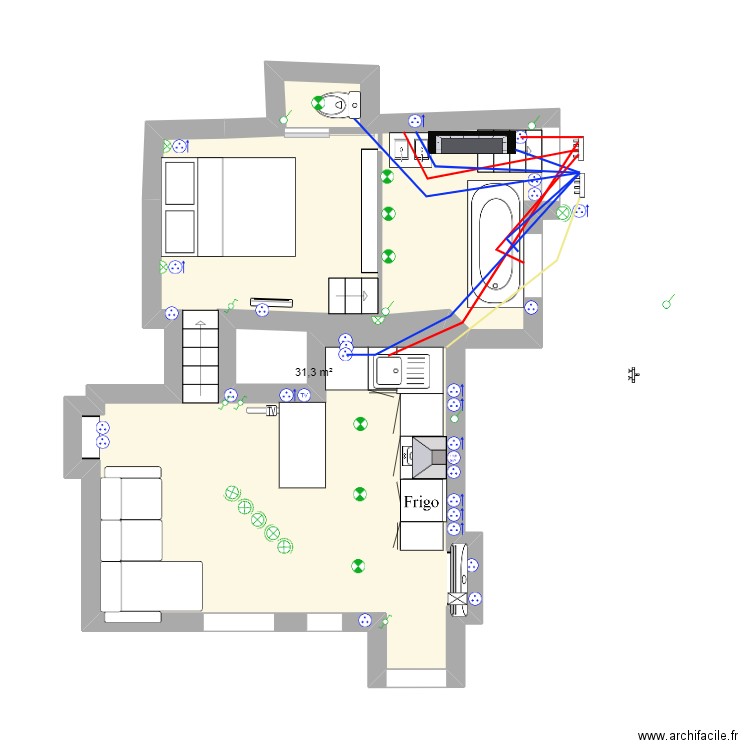 Diane plomberie. Plan de 1 pièce et 31 m2