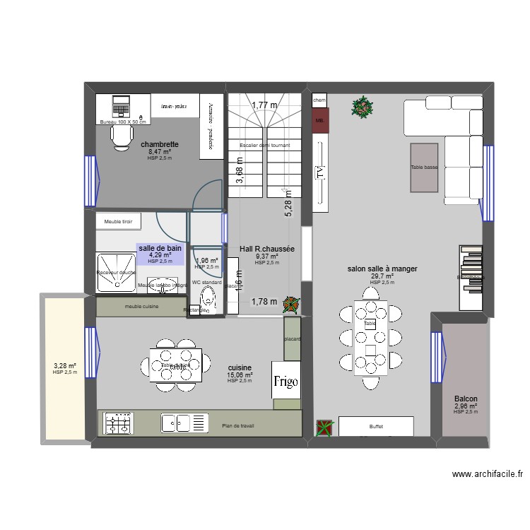 modif rez de chausse4. Plan de 8 pièces et 75 m2