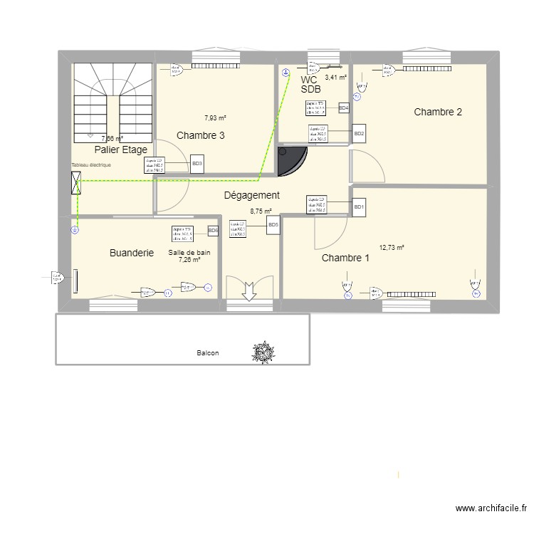 distribution alim. Plan de 14 pièces et 124 m2