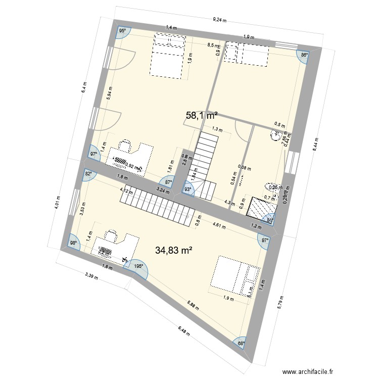 Mey N2 version chambre petite. Plan de 2 pièces et 93 m2