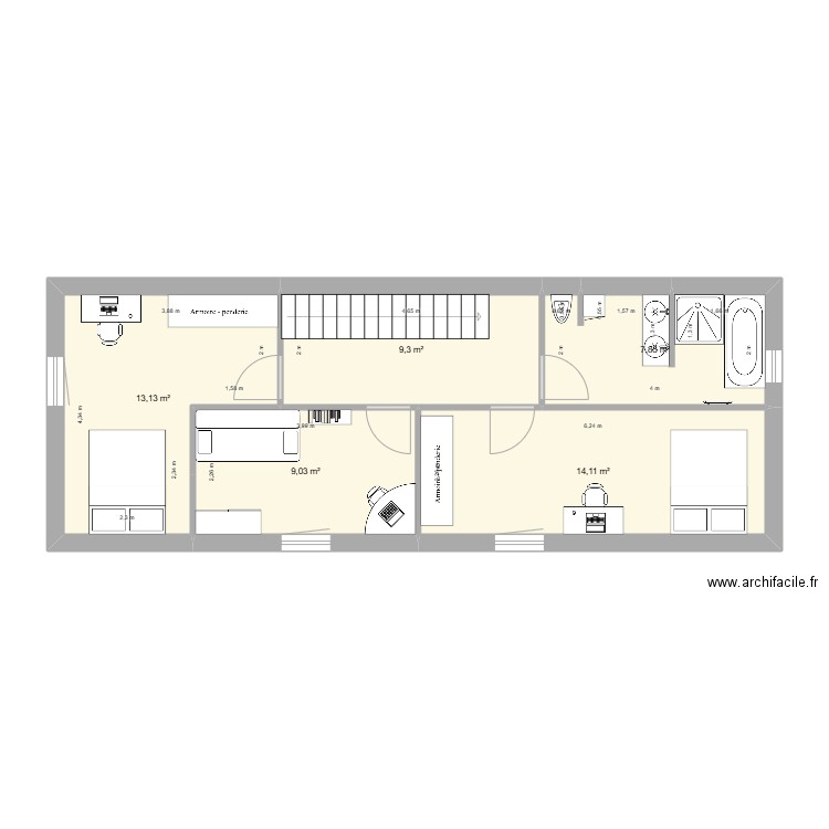 Plan etage new meubler. Plan de 5 pièces et 53 m2