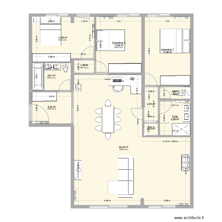 Plan modifié 2. Plan de 11 pièces et 109 m2