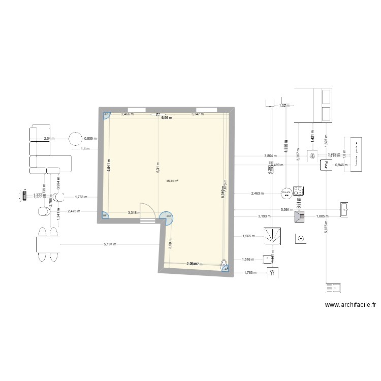 halevy 2 082025. Plan de 1 pièce et 45 m2