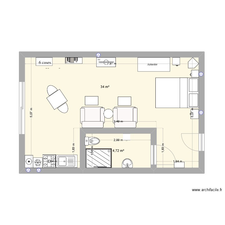 Appart. Plan de 2 pièces et 39 m2
