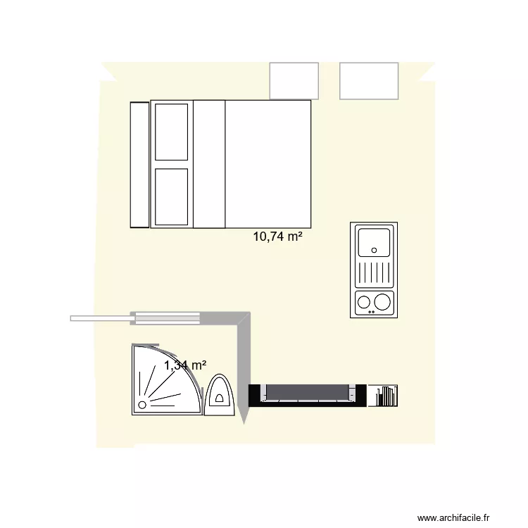rdc studio airbnb. Plan de 1  et 12 m²