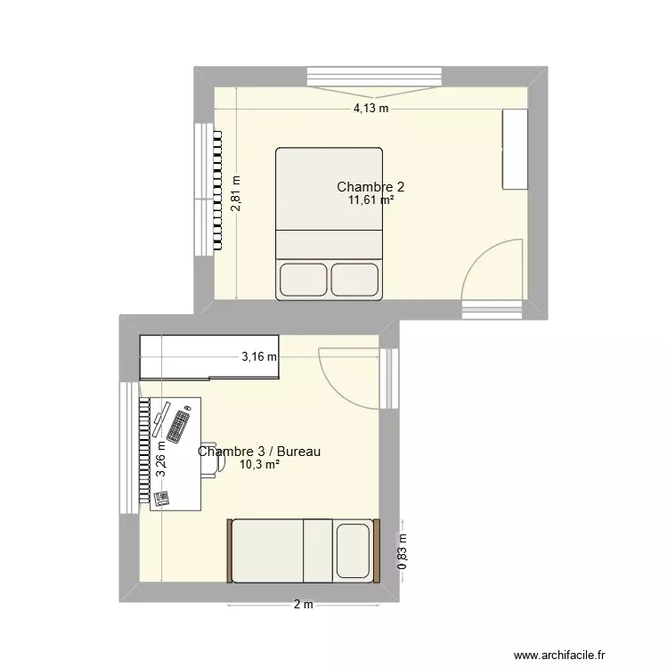 Chambre 2 et 3/bureau. Plan de 2 Pièces et 22 m² Chambre 2 et 3/bureau. Plan de 2 Pièces et 22 m²