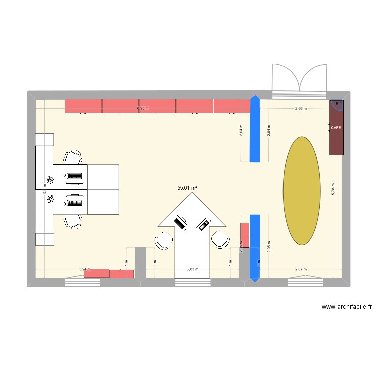 Plan Bureau V3. Plan de 1 pièce et 56 m2