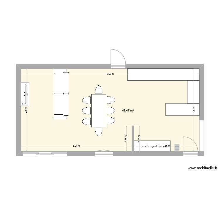 salon max. Plan de 1 pièce et 43 m2