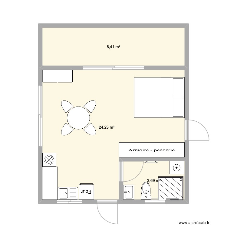 bungalow pilotis. Plan de 3 pièces et 36 m2