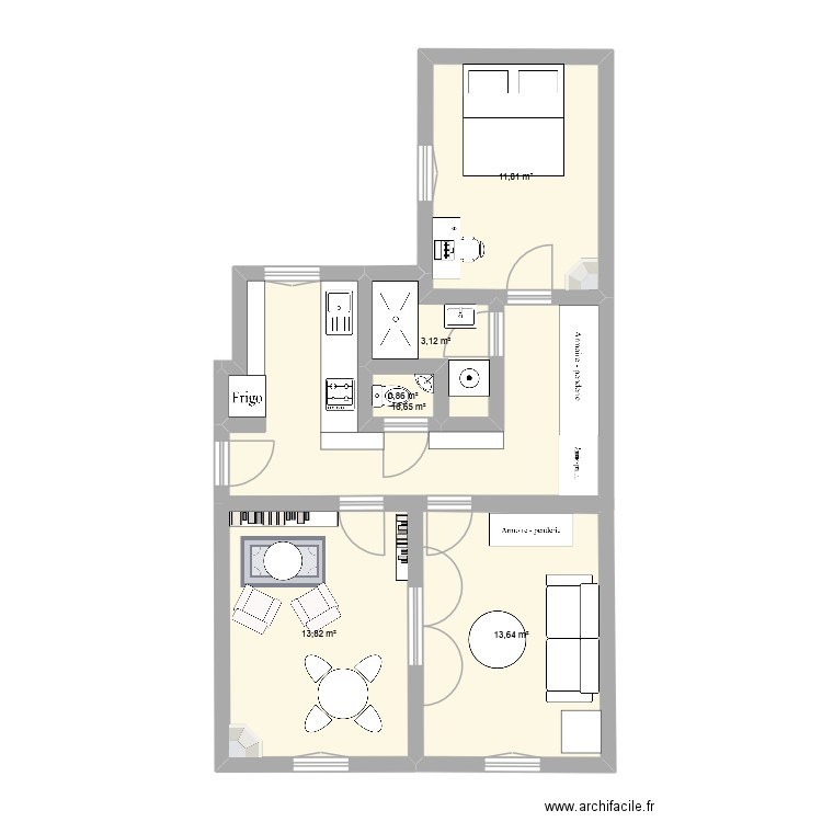 Appart 10 cuine semi-ouverte. Plan de 6 pièces et 60 m2