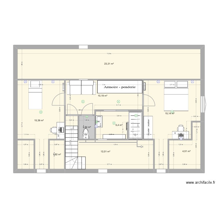 Etage_amenage_WC_separe_Velux_centré. Plan de 9 pièces et 89 m2
