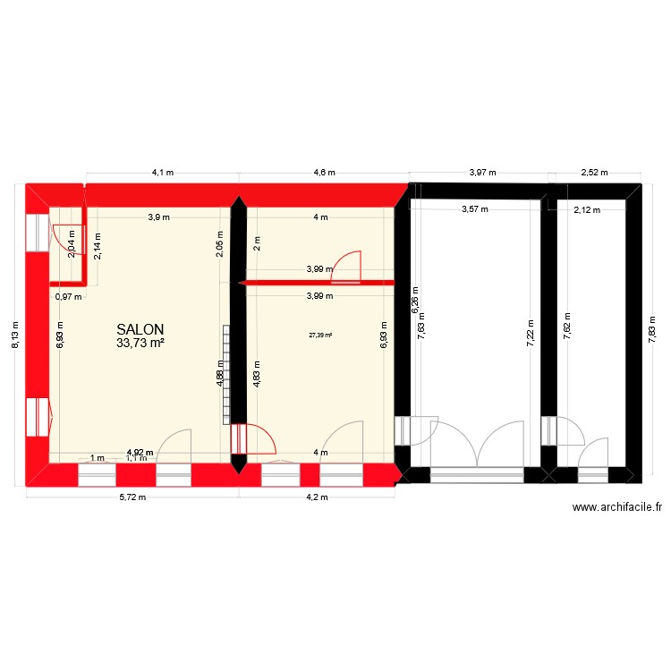 RDC après travaux. Plan de 2 pièces et 61 m2