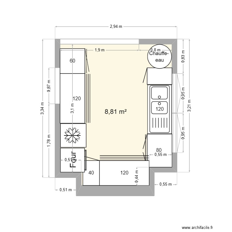 Cuisine 2. Plan de 1 pièce et 9 m2