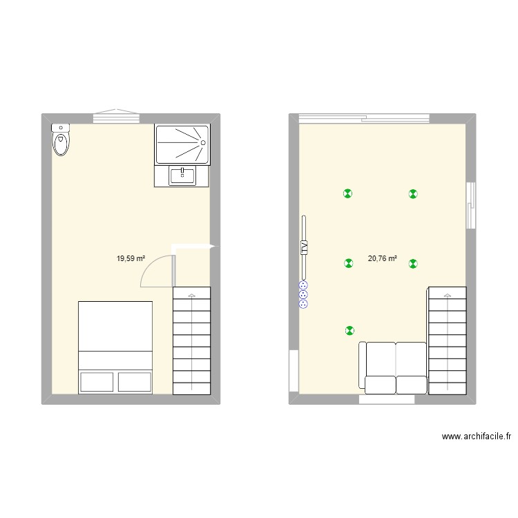 Extension V1. Plan de 2 pièces et 40 m2
