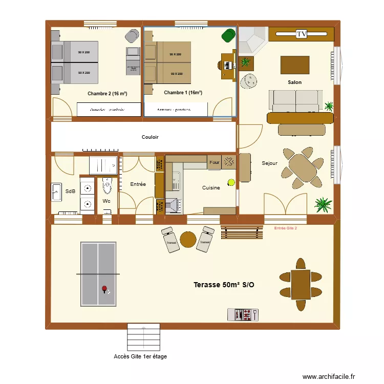 G&icirc;te 100m&sup2; 6 couchages adultes et 4 enfants (- de 6 ans). Plan de 