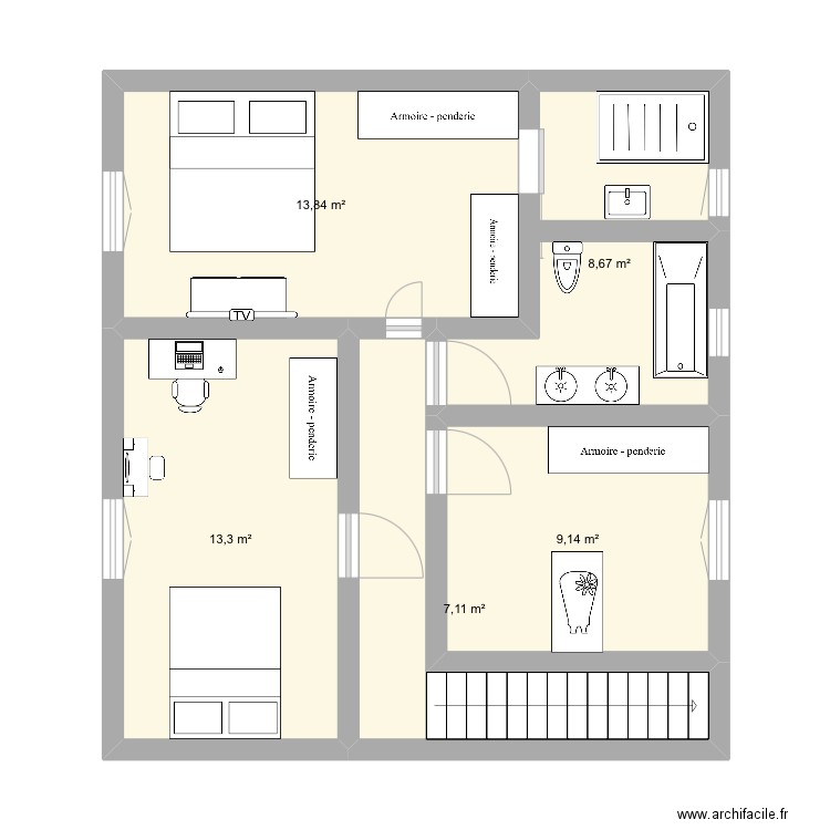 1er etage. Plan de 5 pièces et 52 m2