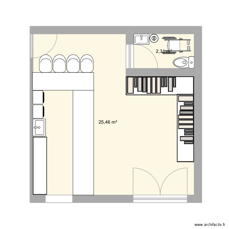 Rez de chaussez. Plan de 2 pièces et 28 m2