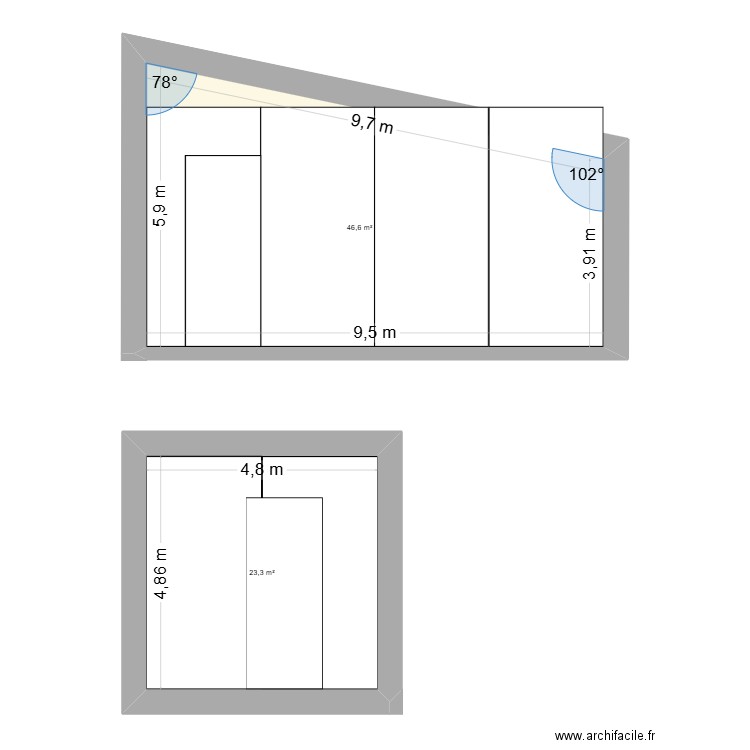 cloison une. Plan de 2 pièces et 70 m2