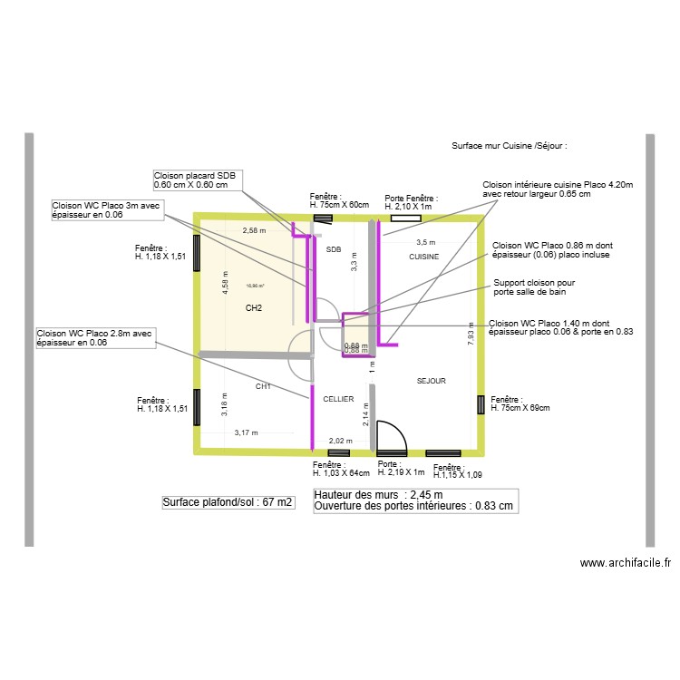 Pibrac Maison Mur & Fenêtres pour placo. Plan de 2 pièces et 18 m2