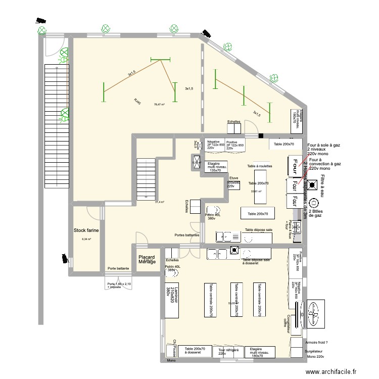 Bâtiment employés RDC Electricité 1-2. Plan de 7 pièces et 205 m2