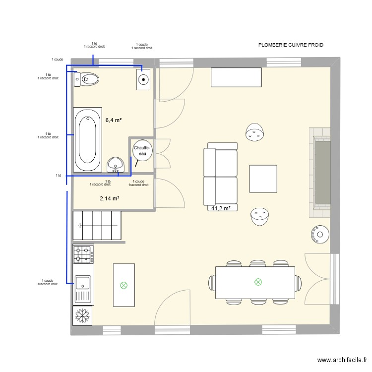 Plomberie Cuivre froid. Plan de 3 pièces et 50 m2