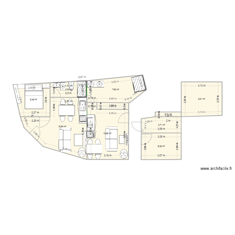 pla1. Plan de 10 pièces et 66 m2