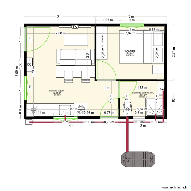 Cabanon THAGHALAT plan. Plan de 3 pièces et 22 m2