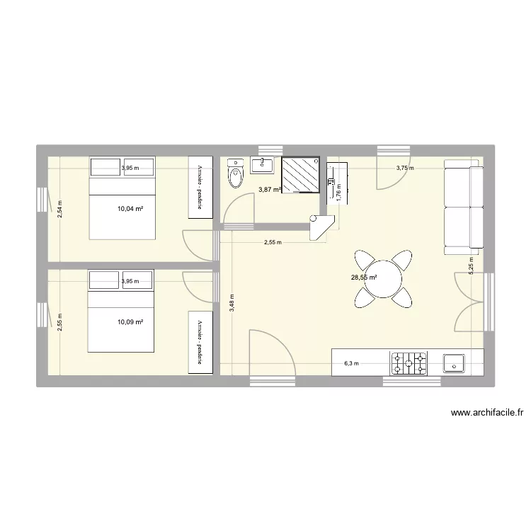 Pallier plan G. Plan de 4 pièces et 53 m²