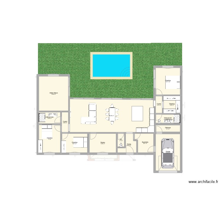 Maison U fin. Plan de 16 pièces et 160 m2