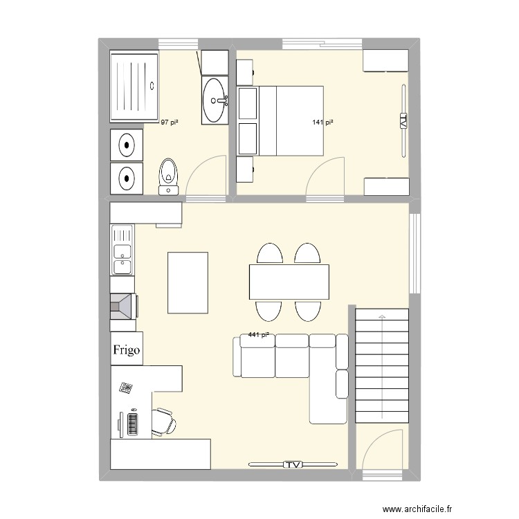 Batiment Acc- Étage- Mobilier. Plan de 3 pièces et 63 m2