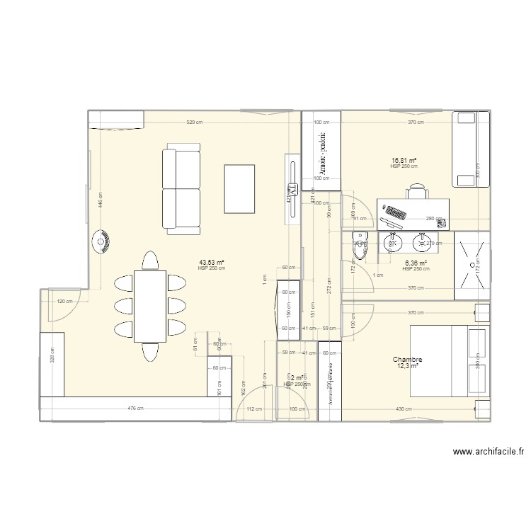 plan maison cours modif avec couloir et toilette dns la SDB. Plan de 5 pièces et 81 m2