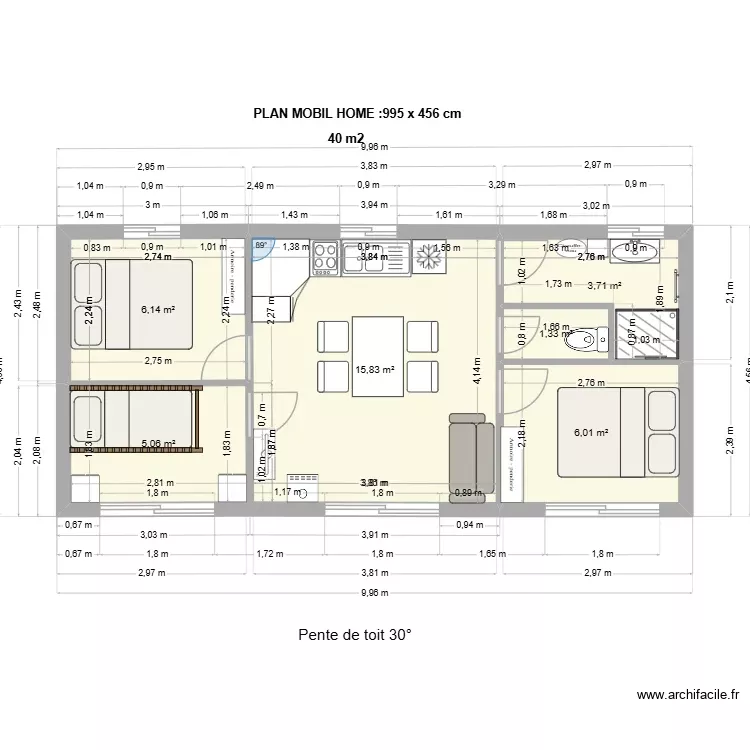 mobil home 995x456 cm-40 m2. Plan de 6 Pièces et 38 m² mobil home 995x456 cm-40 m2. Plan de 6 Pièces et 38 m²